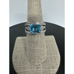 Sterling Silver Blue Topaz & Diamond Ring – Size 7